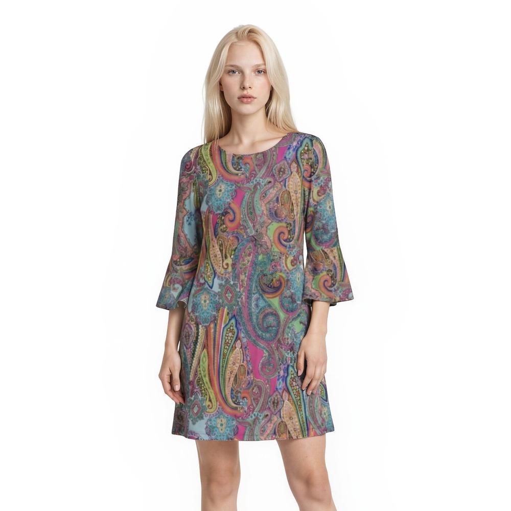 Tommy Hilfiger Shift Dress Women's Size 6 Multicolor Paisley Bell‎ Sleeve